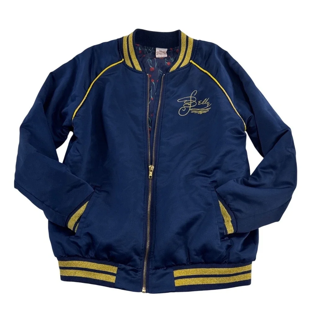 Y2K‎ Disney Princess Belle Bomber Jacket Blue Satin Rose Embroidered Girls